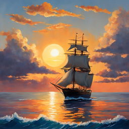 A Studio Ghibli style oil painting of a ship sailing on an even more beautiful sea at sunset.