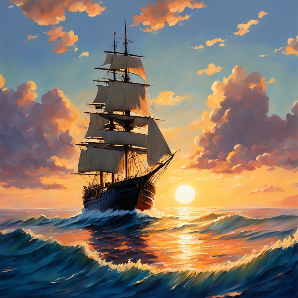 A Studio Ghibli style oil painting of a ship sailing on an even more beautiful sea at sunset.