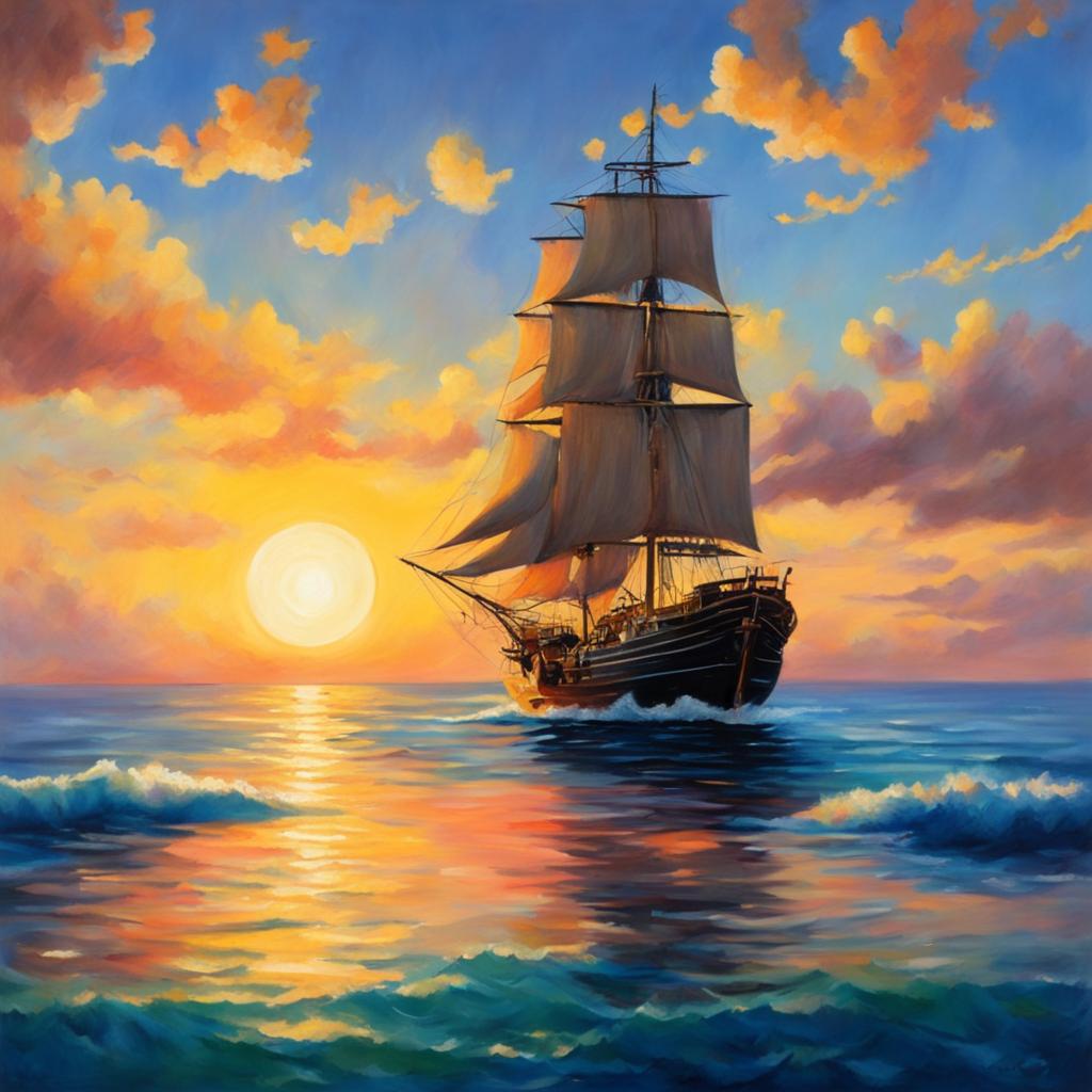 A Studio Ghibli style oil painting of a ship sailing on an even more beautiful sea at sunset.