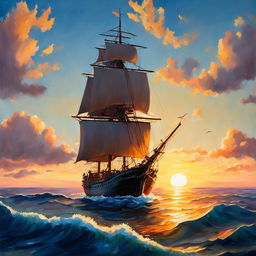 A Studio Ghibli style oil painting of a ship sailing on an even more beautiful sea at sunset.