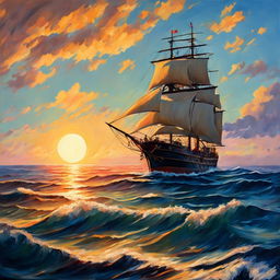 A Studio Ghibli style oil painting of a ship sailing on an even more beautiful sea at sunset.