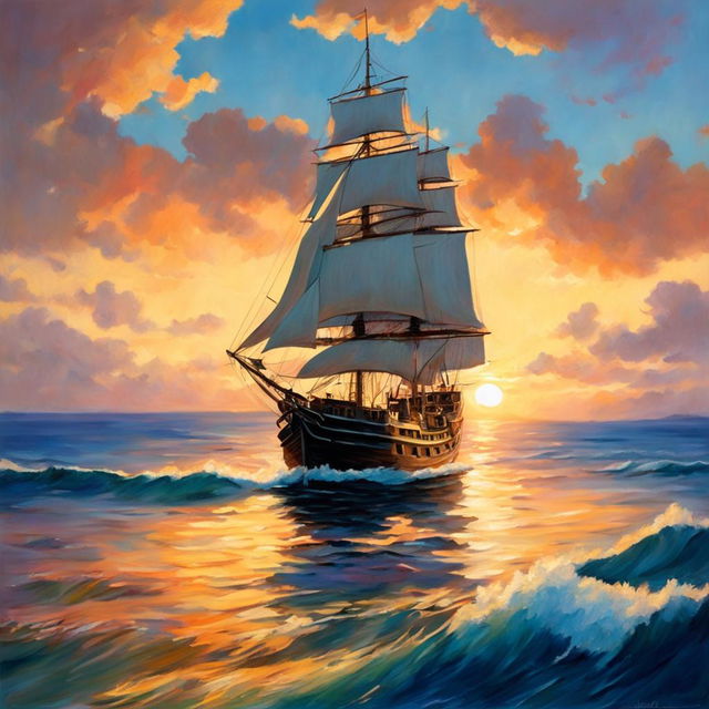 A Studio Ghibli style oil painting of a ship sailing on an even more beautiful sea at sunset.