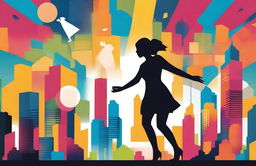 A silhouette of a woman juggling multiple tasks with efficiency, set against the backdrop of a vibrant cityscape