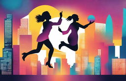 A silhouette of a woman juggling multiple tasks with efficiency, set against the backdrop of a vibrant cityscape