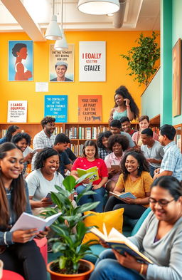 A vibrant and welcoming library scene showcasing inclusivity and empowerment