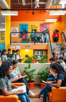 A vibrant and welcoming library scene showcasing inclusivity and empowerment