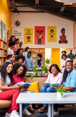 A vibrant and welcoming library scene showcasing inclusivity and empowerment