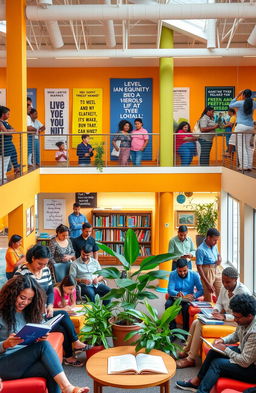 A vibrant and welcoming library scene showcasing inclusivity and empowerment