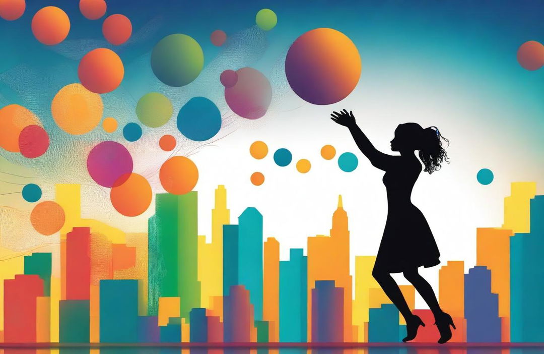 A silhouette of a woman juggling multiple tasks with efficiency, set against the backdrop of a vibrant cityscape