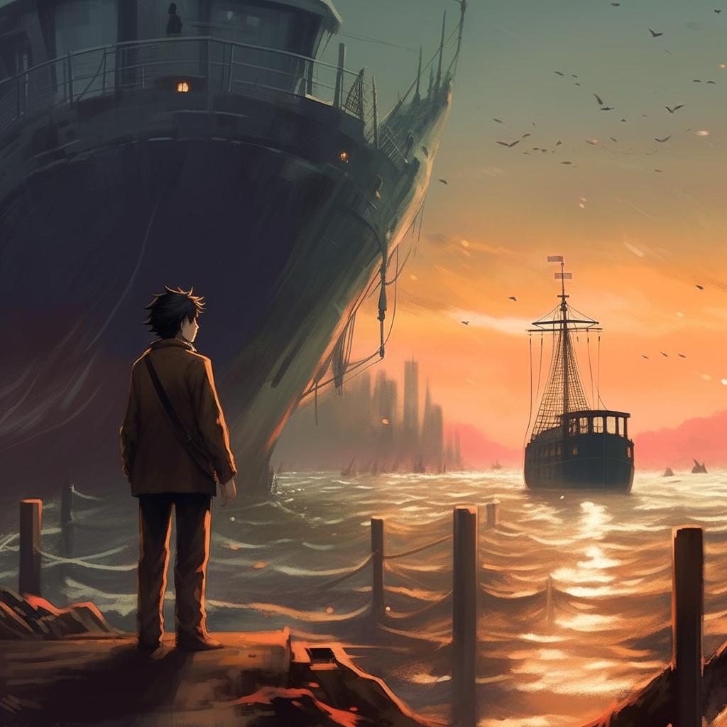 Continue the image in a Makoto Shinkai aesthetic. Capture a heart-wrenching scene where the figure realizes the captain's lifelessness alongside a victorious ship safely anchored, its harrowing journey over, having achieved its object.