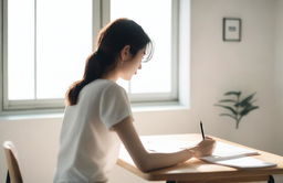 Rear view of a woman, framed in a minimalist setting, engrossed in writing in a simple, neatly designed notebook