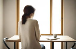 Rear view of a woman, framed in a minimalist setting, engrossed in writing in a simple, neatly designed notebook