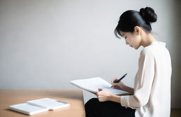 Rear view of a woman, framed in a minimalist setting, engrossed in writing in a simple, neatly designed notebook