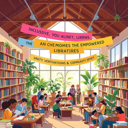 A dynamic and inspiring scene representing 'Unity Towards Inclusive and Empowered Libraries'
