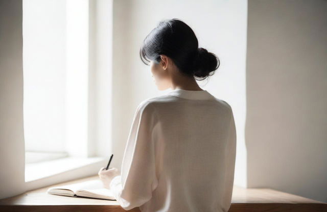 Rear view of a woman, framed in a minimalist setting, engrossed in writing in a simple, neatly designed notebook