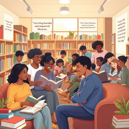 A heartwarming and authentic scene inside a bustling library titled 'Unity Towards Inclusive and Empowered Libraries'