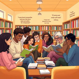 A heartwarming and authentic scene inside a bustling library titled 'Unity Towards Inclusive and Empowered Libraries'