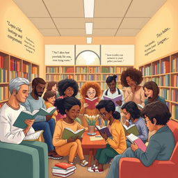 A heartwarming and authentic scene inside a bustling library titled 'Unity Towards Inclusive and Empowered Libraries'