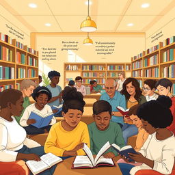 A heartwarming and authentic scene inside a bustling library titled 'Unity Towards Inclusive and Empowered Libraries'