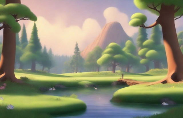 Generate an image of a serene nature environment designed in the style of a Pixar animation.