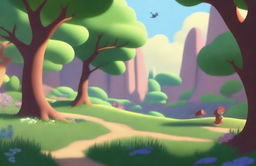 Generate an image of a serene nature environment designed in the style of a Pixar animation.