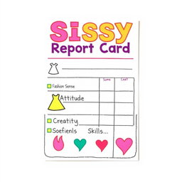 A creatively designed report card labeled 'Sissy Report Card,' featuring playful and colorful graphics