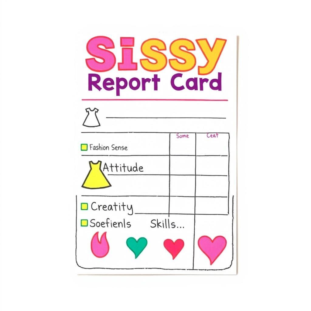 A creatively designed report card labeled 'Sissy Report Card,' featuring playful and colorful graphics