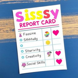 A creatively designed report card labeled 'Sissy Report Card,' featuring playful and colorful graphics