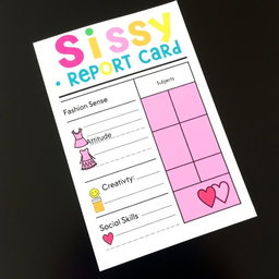 A creatively designed report card labeled 'Sissy Report Card,' featuring playful and colorful graphics