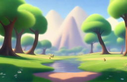 Generate an image of a serene nature environment designed in the style of a Pixar animation.