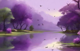 A serene soundscape featuring a lush landscape bathed in shades of amethyst, with melodious echoes of nature resonating into the expanse