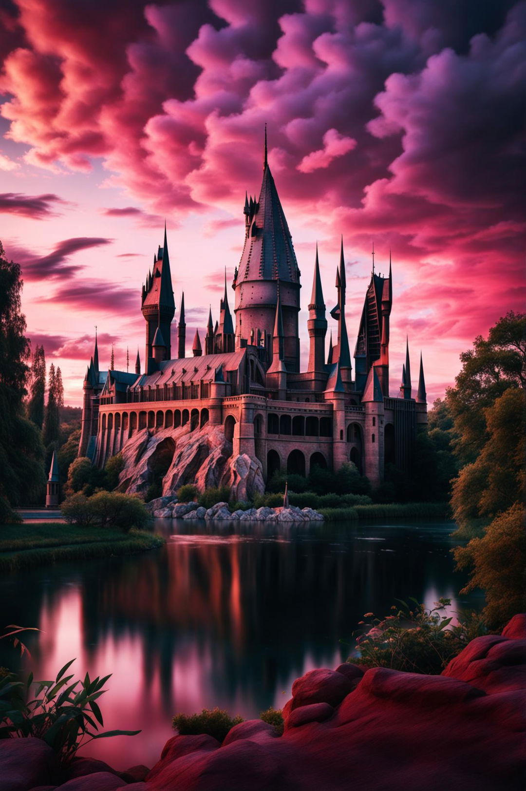 Rococo-style Hogwarts Castle at sunset in a wide shot, captured in high-definition with a Panasonic Lumix G85 and Lumix G Vario 12mm lens using long exposure technique