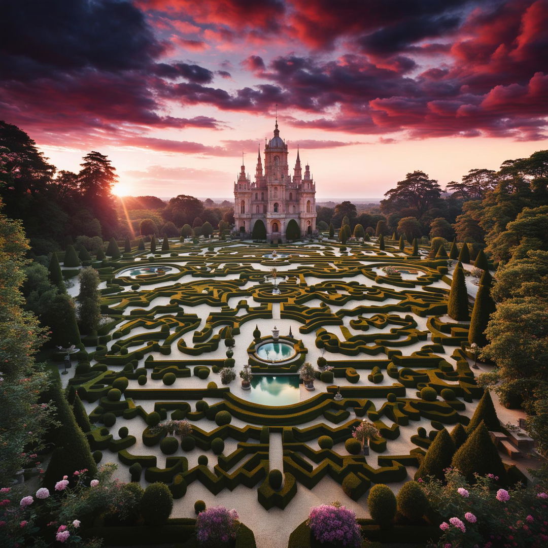 Colossal Rococo-style castle with intricate marble carvings, a maze, and manicured garden at sunset in a wide shot, captured in high-definition with a Panasonic Lumix G85 and Lumix G Vario 12mm lens using long exposure technique