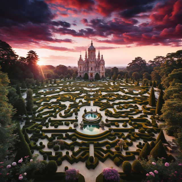 Colossal Rococo-style castle with intricate marble carvings, a maze, and manicured garden at sunset in a wide shot, captured in high-definition with a Panasonic Lumix G85 and Lumix G Vario 12mm lens using long exposure technique