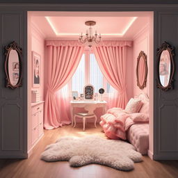A stylish and tastefully decorated sissy room designed for a webcam setting, featuring a pastel color palette with soft pinks and whites, elegant curtains draping over a large window, a plush vanity table adorned with makeup and accessories, and a comfy bed with frilly bedding