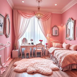 A stylish and tastefully decorated sissy room designed for a webcam setting, featuring a pastel color palette with soft pinks and whites, elegant curtains draping over a large window, a plush vanity table adorned with makeup and accessories, and a comfy bed with frilly bedding