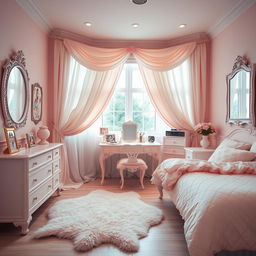 A stylish and tastefully decorated sissy room designed for a webcam setting, featuring a pastel color palette with soft pinks and whites, elegant curtains draping over a large window, a plush vanity table adorned with makeup and accessories, and a comfy bed with frilly bedding