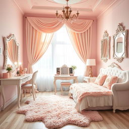 A stylish and tastefully decorated sissy room designed for a webcam setting, featuring a pastel color palette with soft pinks and whites, elegant curtains draping over a large window, a plush vanity table adorned with makeup and accessories, and a comfy bed with frilly bedding