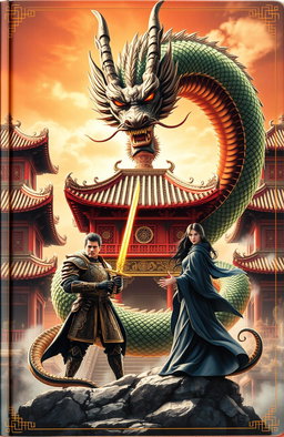 A captivating book cover featuring ancient Chinese architecture with ornate rooftops and intricate details