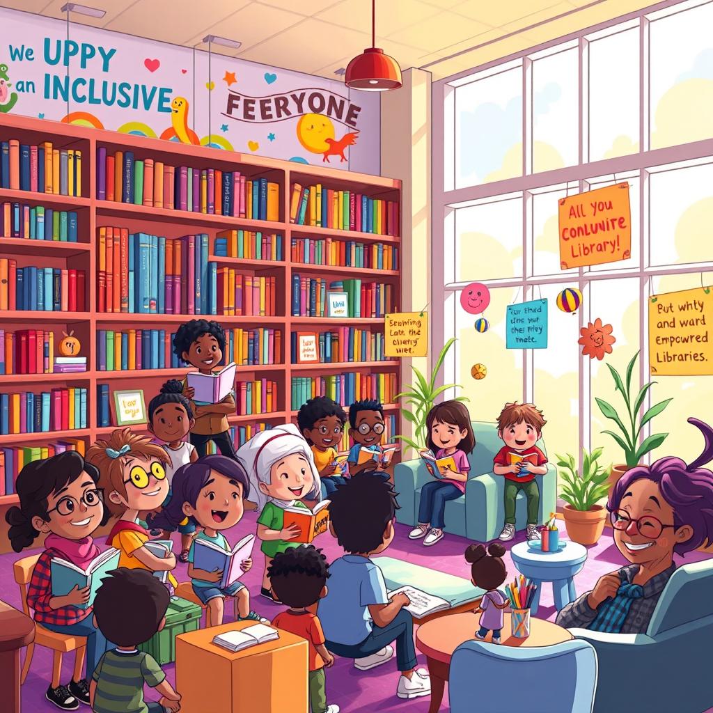 A lively and colorful cartoon-style illustration depicting 'Unity Towards Inclusive and Empowered Libraries'