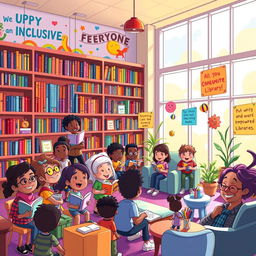 A lively and colorful cartoon-style illustration depicting 'Unity Towards Inclusive and Empowered Libraries'