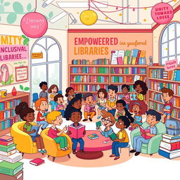 A lively and colorful cartoon-style illustration depicting 'Unity Towards Inclusive and Empowered Libraries'