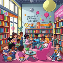 A lively and colorful cartoon-style illustration depicting 'Unity Towards Inclusive and Empowered Libraries'