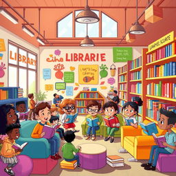 A lively and colorful cartoon-style illustration depicting 'Unity Towards Inclusive and Empowered Libraries'