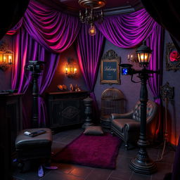 A highly detailed and photo-realistic depiction of a sissy slave dungeon designed for webcam sessions