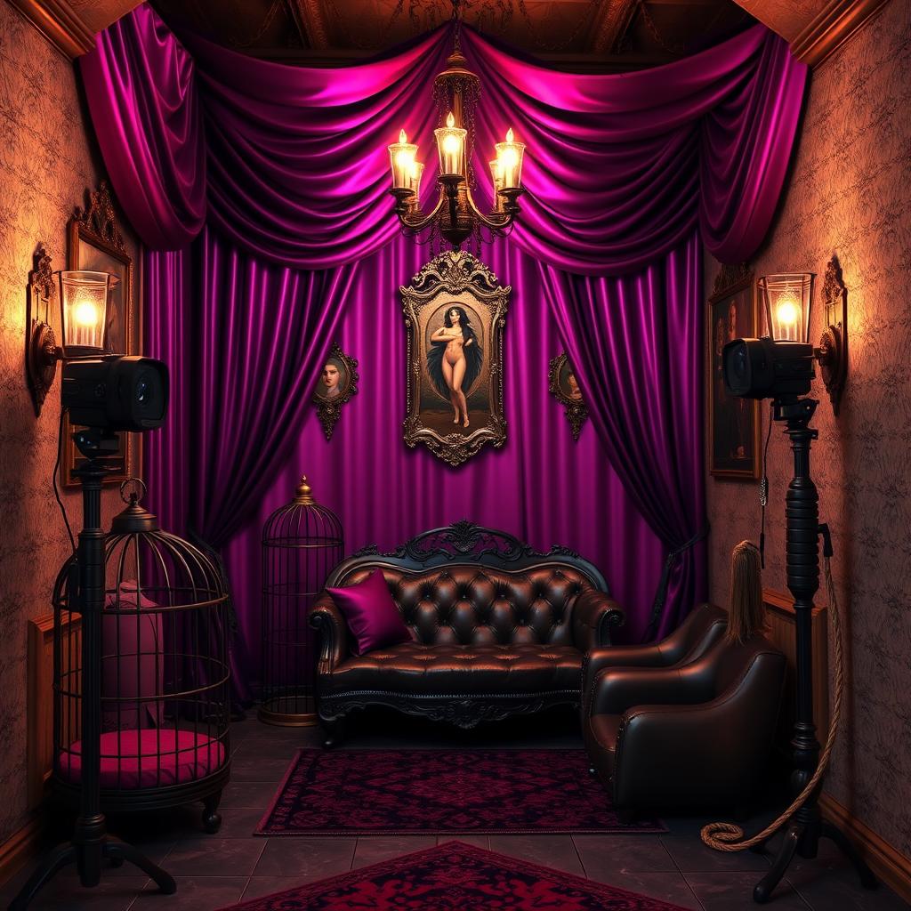 A highly detailed and photo-realistic depiction of a sissy slave dungeon designed for webcam sessions