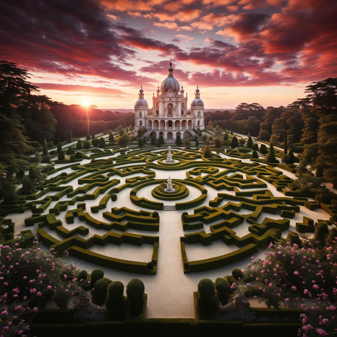 Colossal Rococo-style castle with intricate marble carvings, a symmetrical maze, and manicured garden at sunset in a wide shot, captured in high-definition with a Panasonic Lumix G85 and Lumix G Vario 12mm lens using long exposure technique