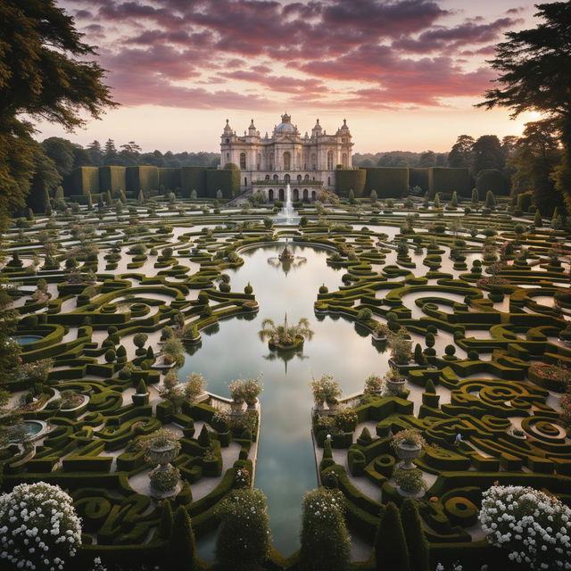 A Rococo-style castle with intricate marble carvings surrounded by a symmetrical maze and water features