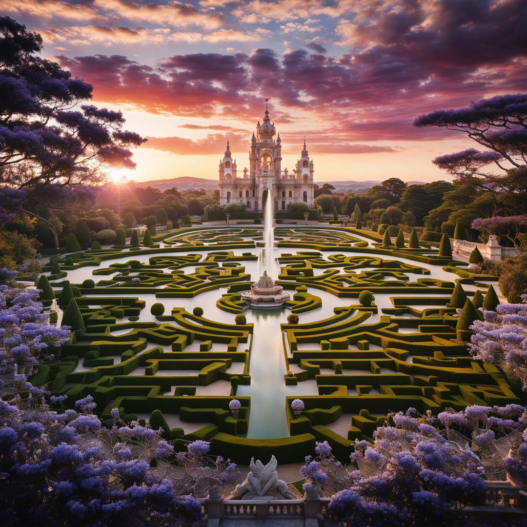 Colossal Rococo-style castle with intricate marble carvings, a symmetrical maze, water features, elaborate fountains, sculptures, blooming Jacaranda trees, manicured garden with blooming flower bushes and topiary at sunset in a wide shot, captured in high-definition with a Panasonic Lumix G85 and Lumix G Vario 12mm lens using long exposure technique