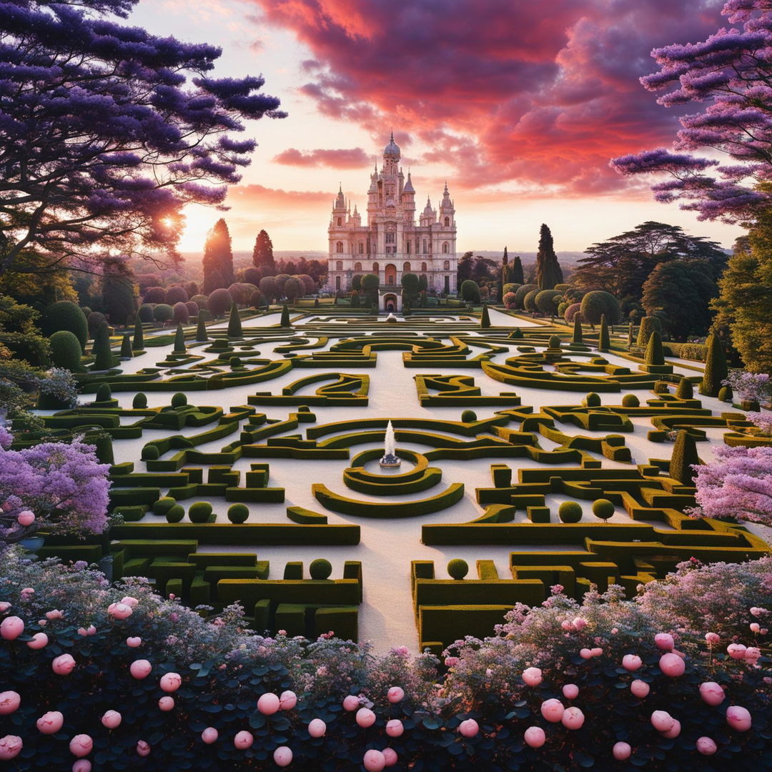 Colossal Rococo-style castle with intricate marble carvings, a symmetrical maze, water features, elaborate fountains, sculptures, blooming Jacaranda and Sakura trees, manicured garden with blooming flower bushes and topiary at sunset in a wide shot, captured in high-definition with a Panasonic Lumix G85 and Lumix G Vario 12mm lens using long exposure technique